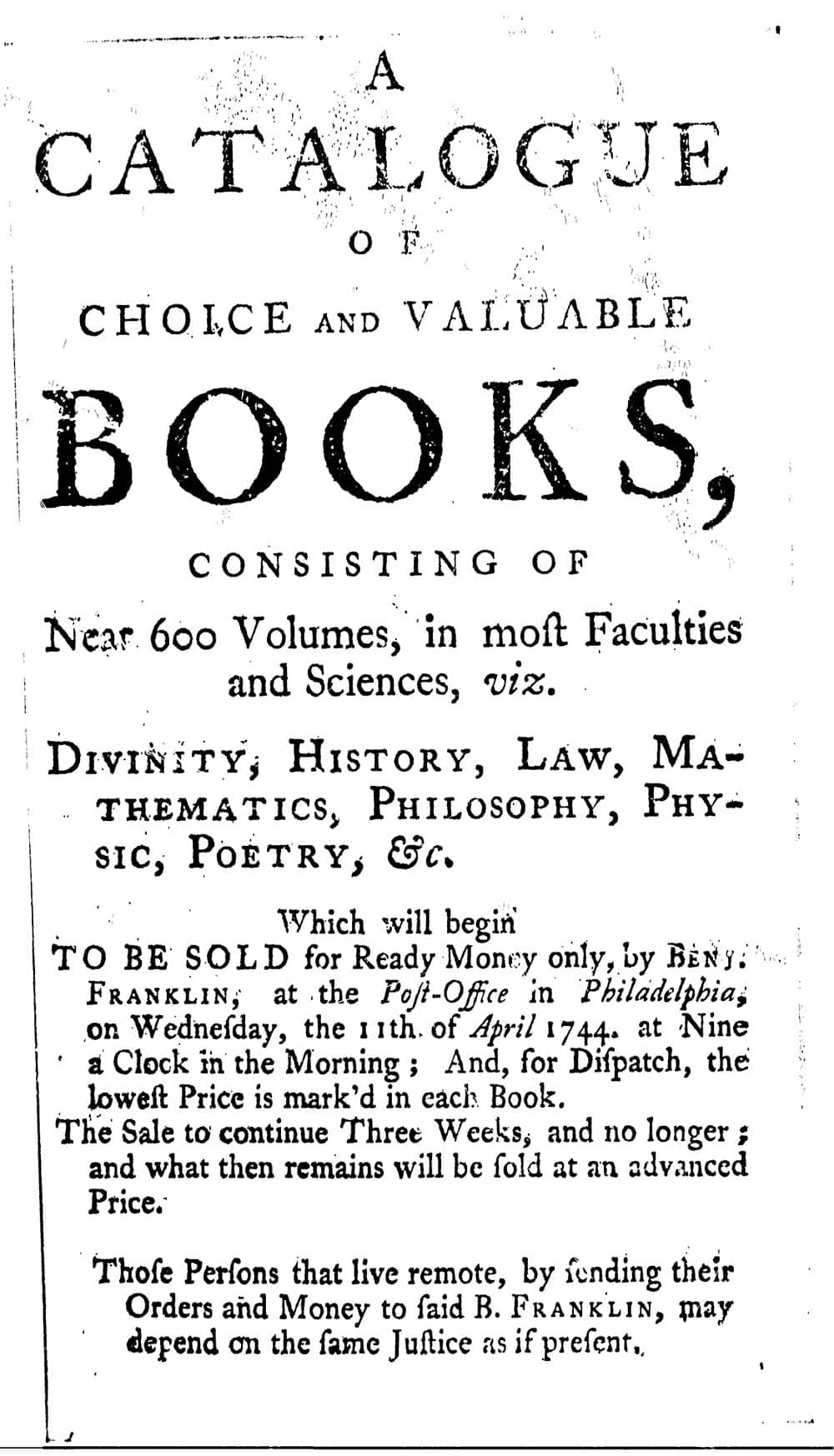 Opening page for the catalog of books sold in Benjamin Franklin's print shop.