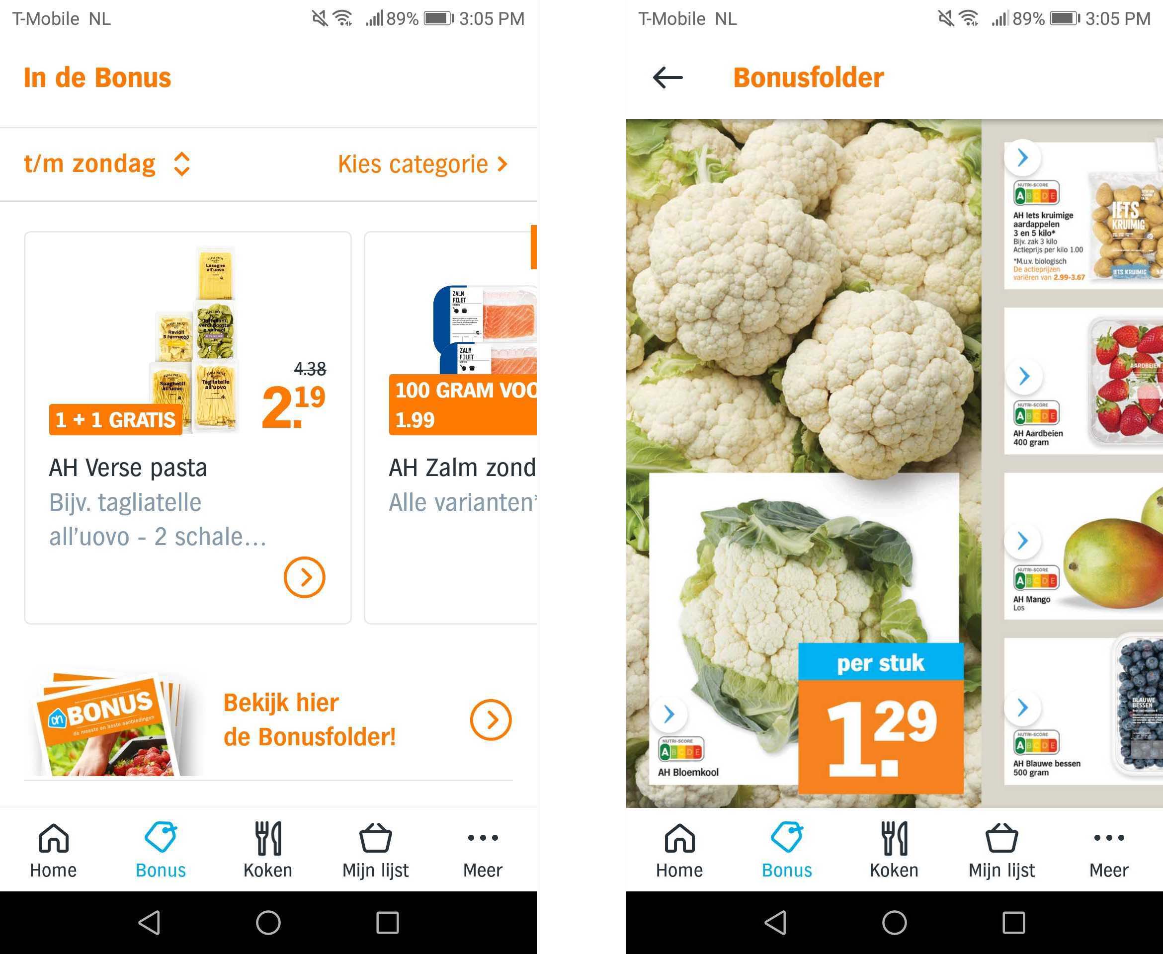 Two screenshots of Albert Heijn's mobile app. One showing the call to action to view the flyer. The other showing the flyer inside the app.