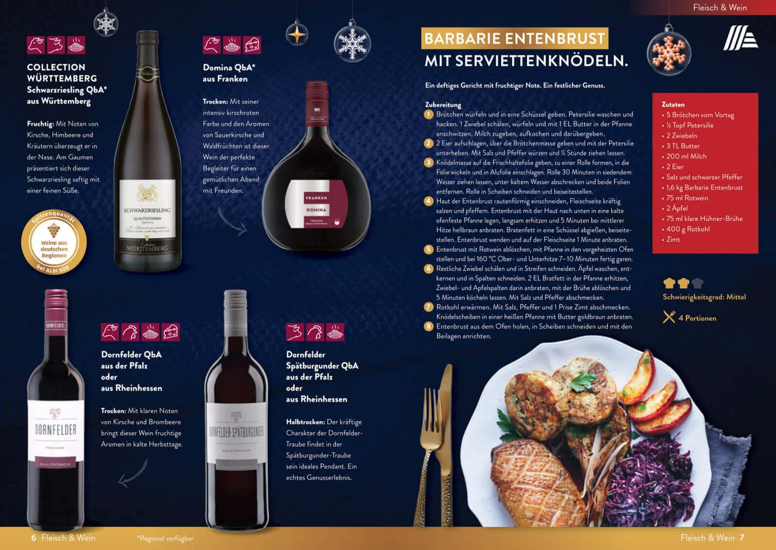 Spread from Aldi's wine guide, showing a selection of wines.