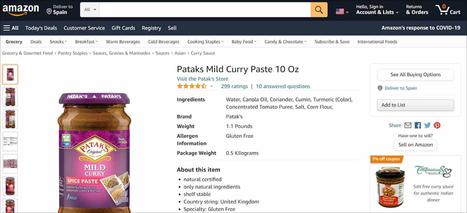 Product page of Pataks Mild Curry Paste on Amazon with 4.5 stars and 299 ratings.