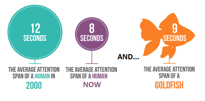 Since 2000, the average attention span of humans has declined from 12 to 8 seconds. Goldfish has 9 seconds.