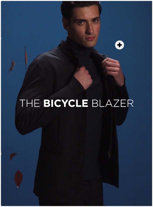 A page from Boggi Milano's catalog where a video is playing, showing a man wearing the bicycle blazer.