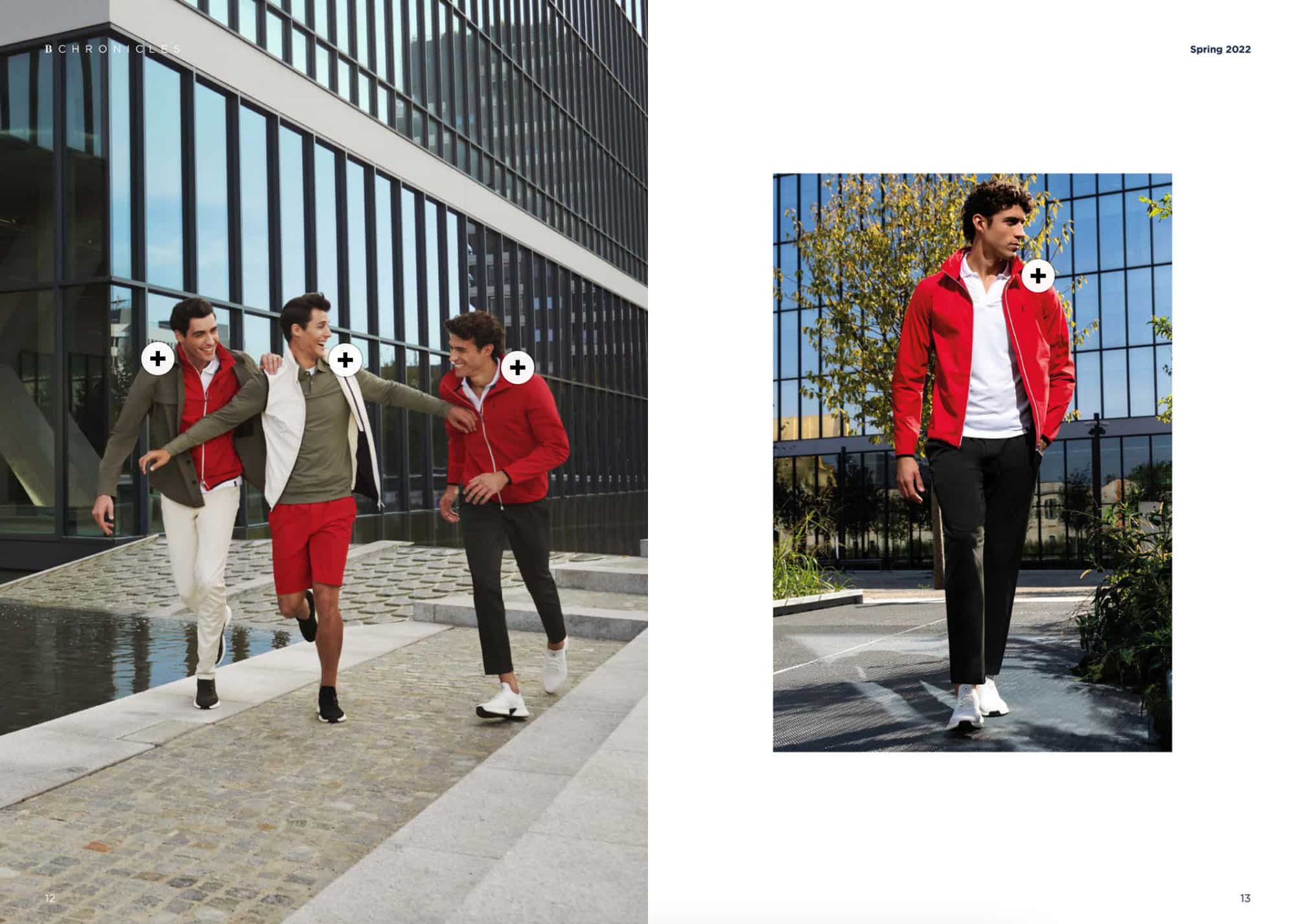 Spread from Boggi Milano's catalog showing outfits in reds, whites, and greys. Each clickable to open a product overlay with more information.