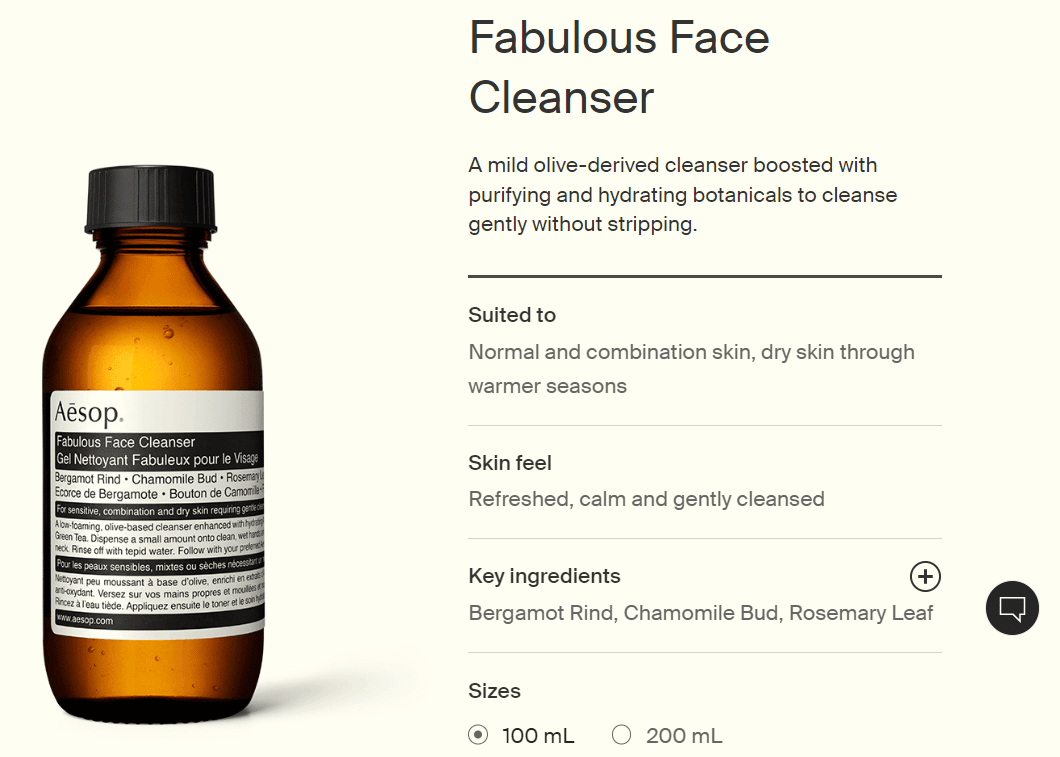 Aesop's Fabulous Face Cleanser on the left, and short, well-structured product descriptions on the right. For example. Skin feel - refreshed, calm and gently cleansed.