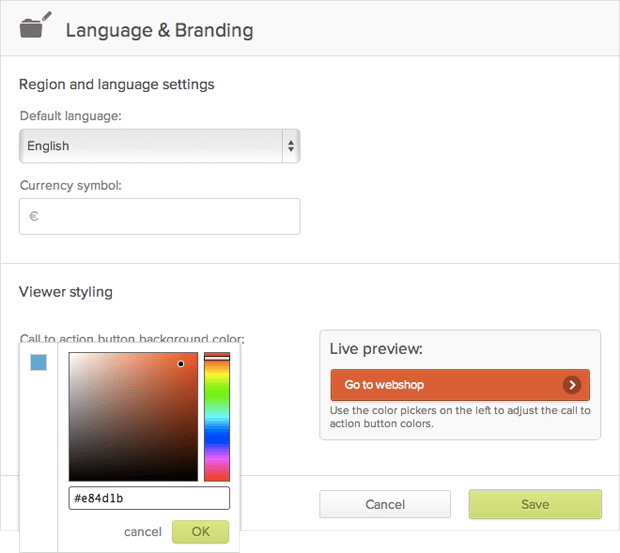 c2a styling screen in Publitas digital catalog software