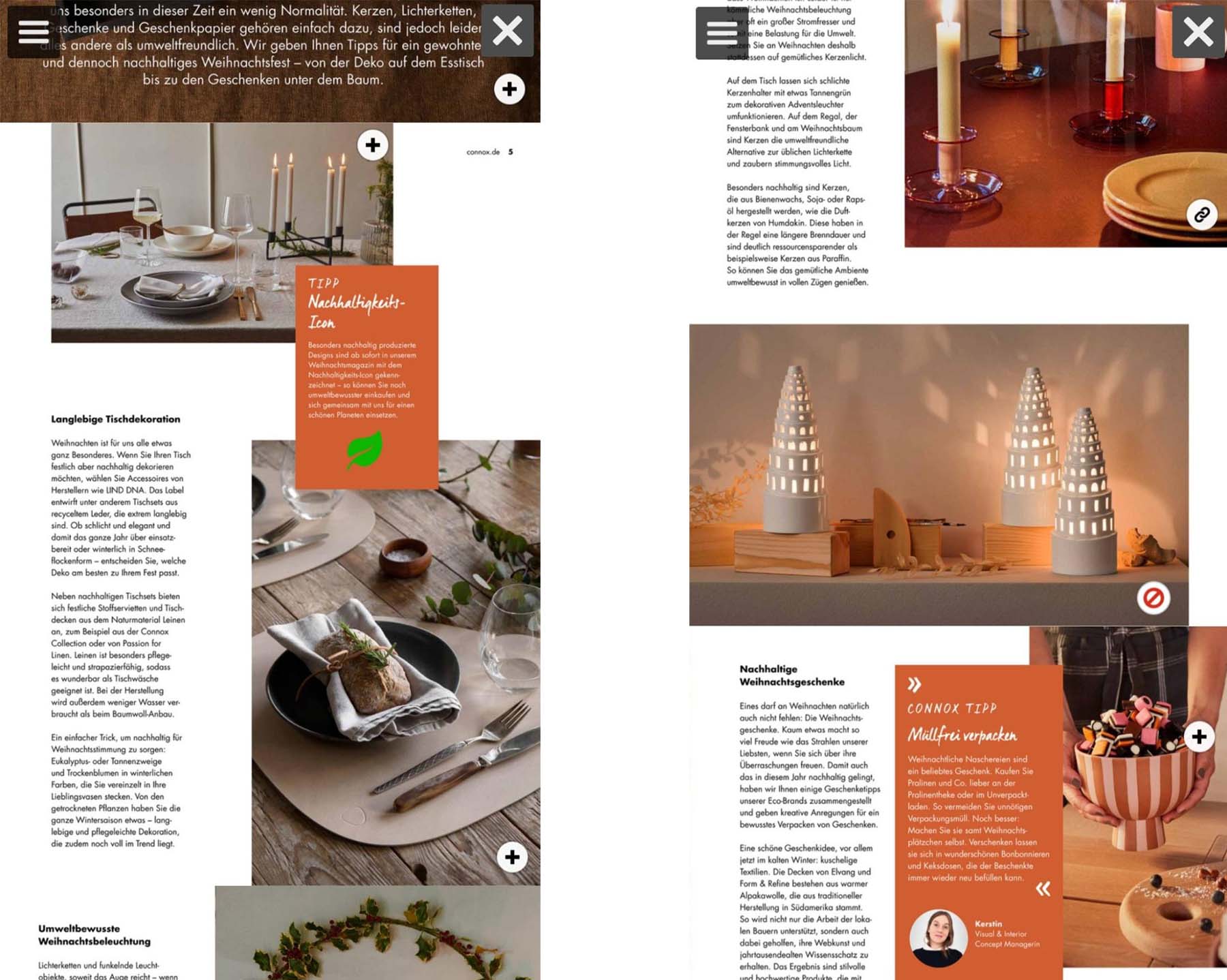 Pages from Connox's winter catalog showing products such as lights, plates, and candles.