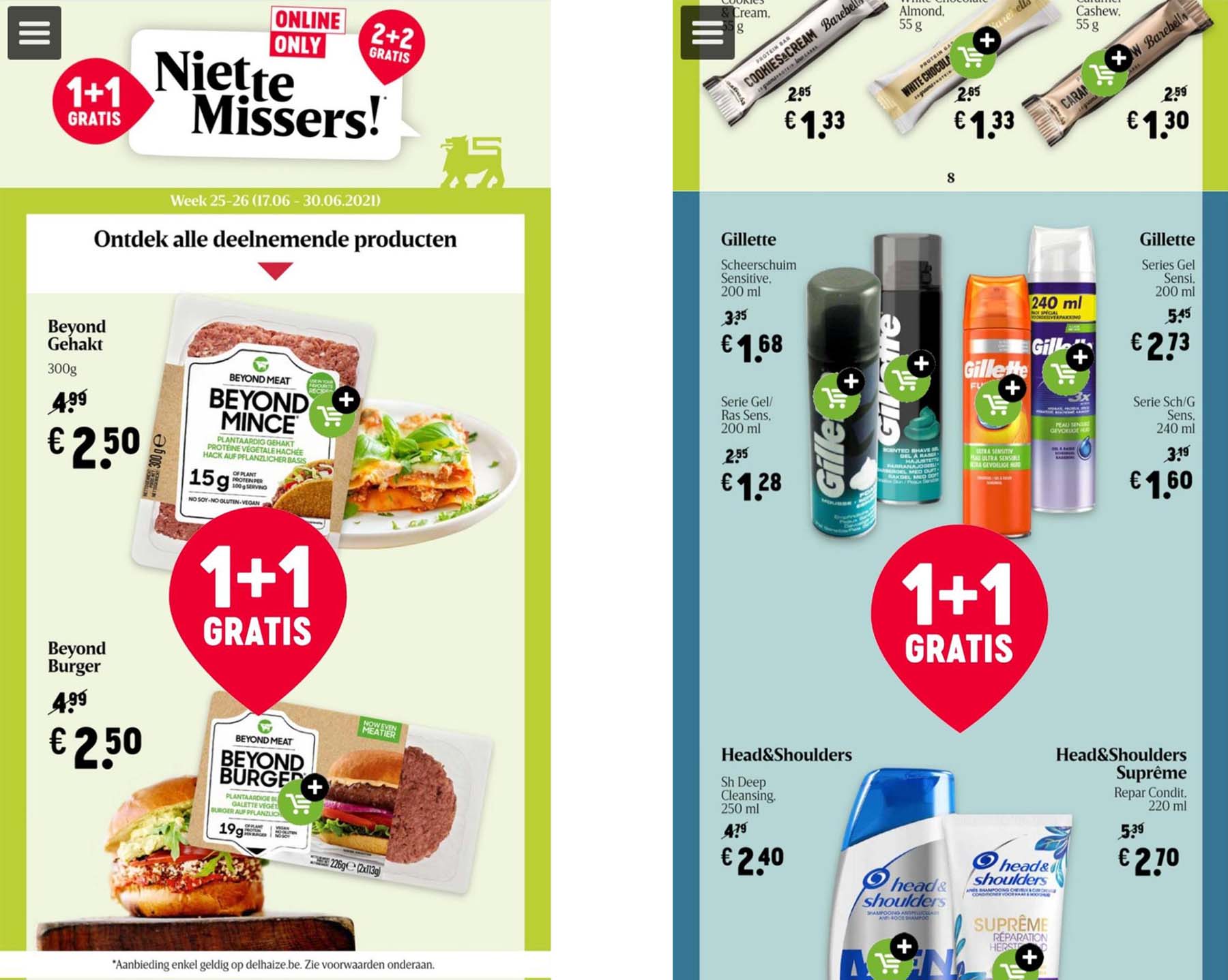 Pages from Delhaize's flyer showing discounted products such as a burger and shampoo. Designed in a way that's clearly visible and legible on mobile.