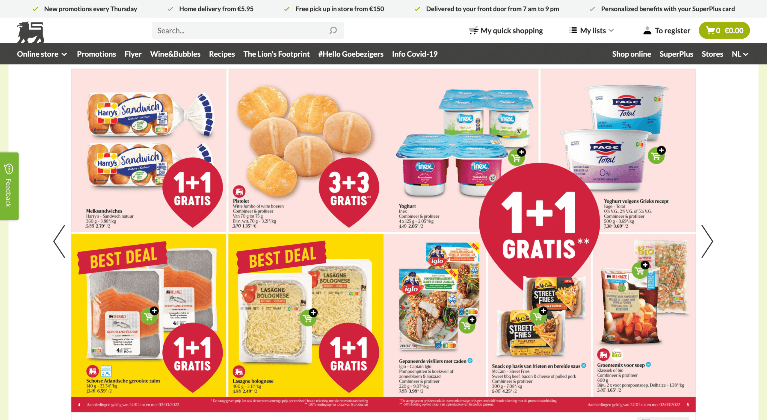 Screenshot of Delhaize's promo flyer embedded in their website. Showing a selection of food on offer.