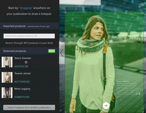 Creating a product hotspot with multiple products by dragging your product feed data on to the catalog.