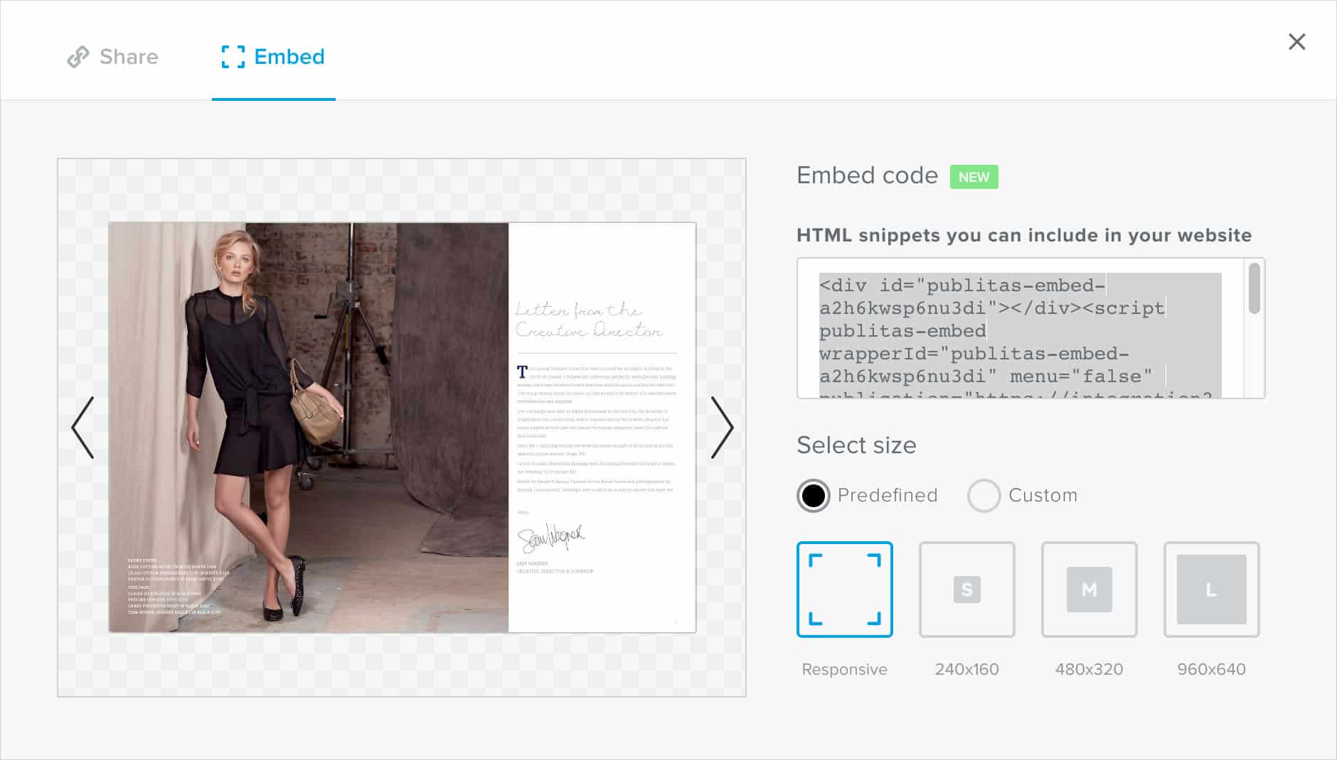 Responsive Embedded Publications: New Publitas embed settings to get the code for responsive embedded publications.