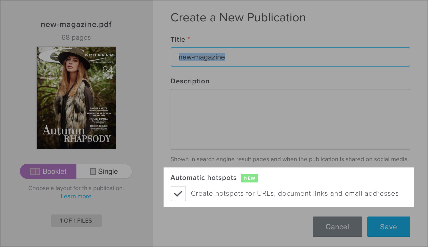 Publitas create online publication dialog with detect links in pdf feature