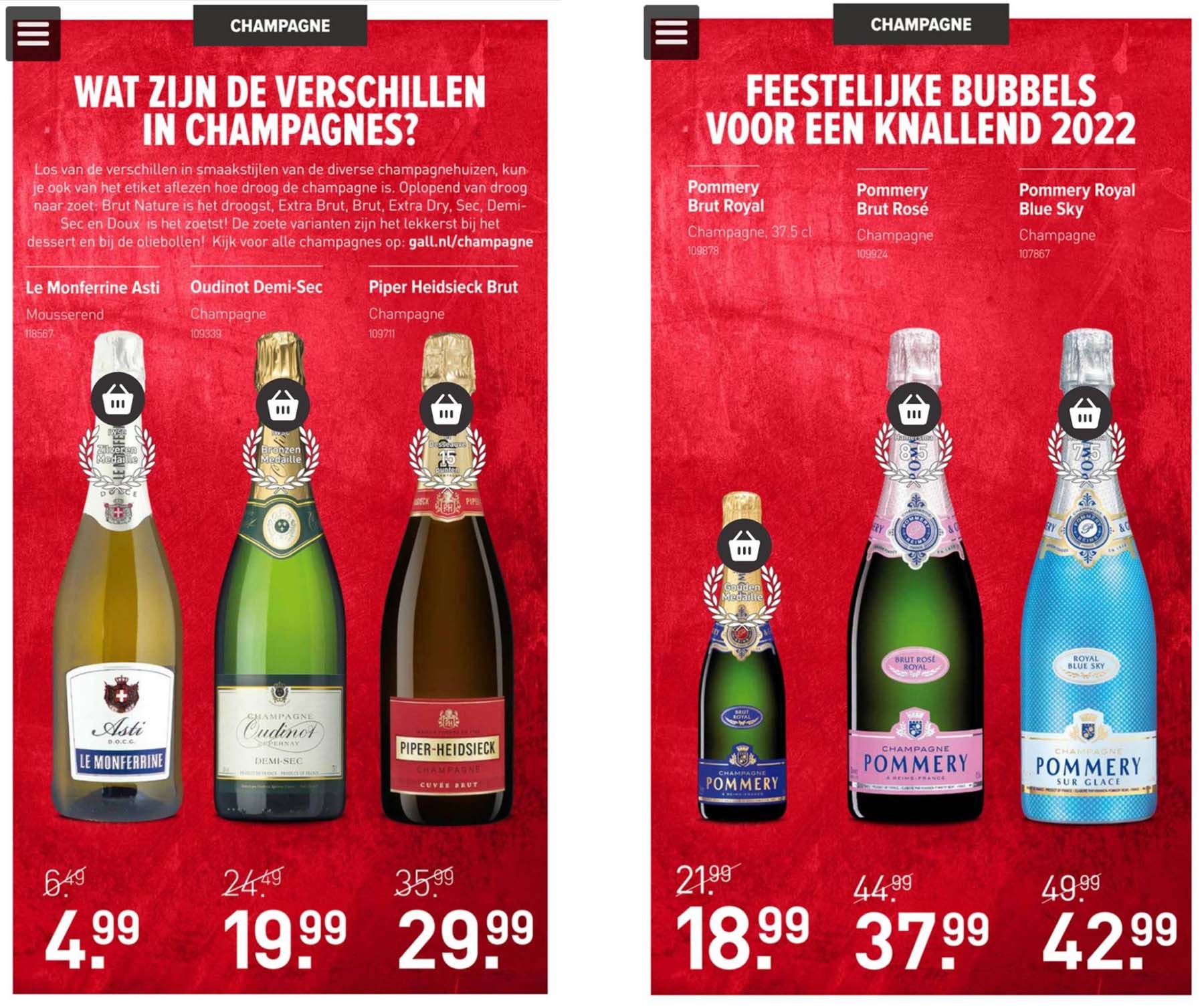 Pages from Gall & Gall's flyer showing bottles of champagne on a beautiful red background.