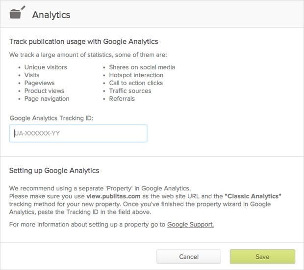 google analytics integration screen in Publitas digital catalog software