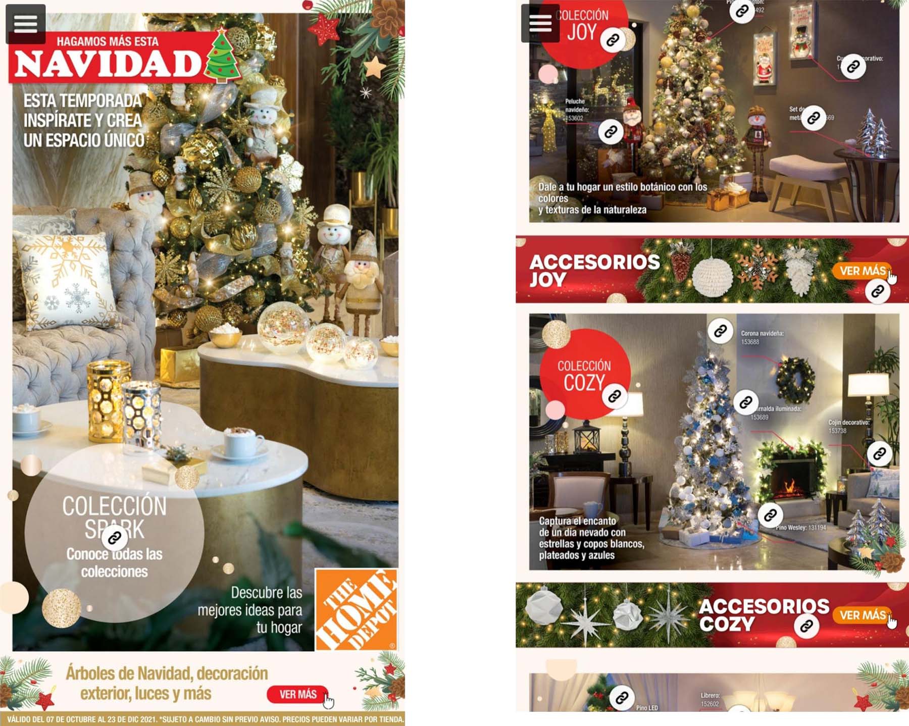 Pages from Home Depot's flyer with Christmas decorations. Larger call-to-actions and less use of text make it more mobile-friendly.