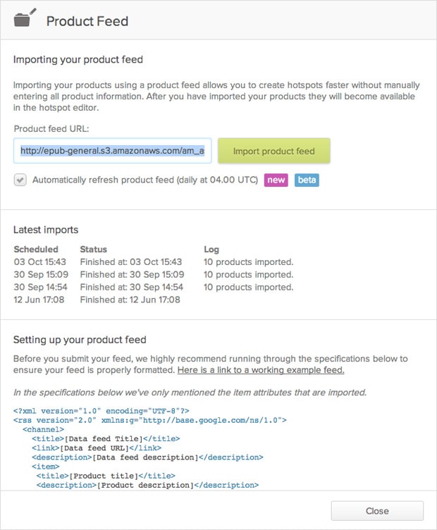 import product feed screen in Publitas digital catalog software