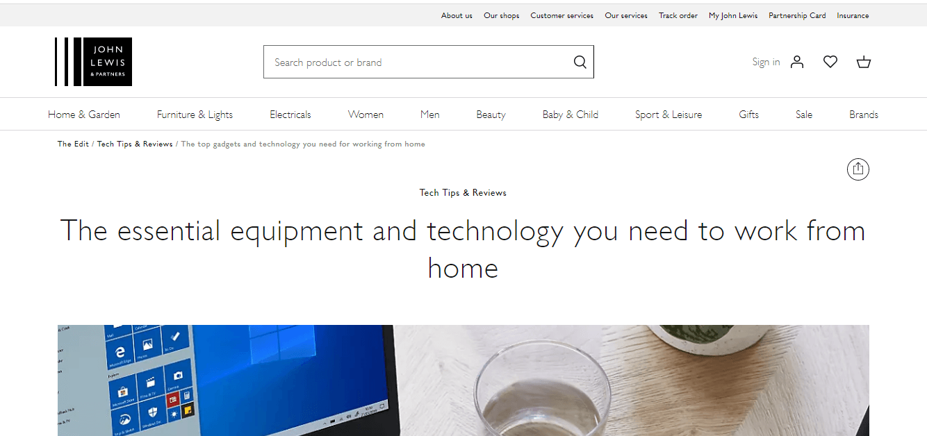 Screenshot of John Lewis's guide on top gadgets you need for working from home.