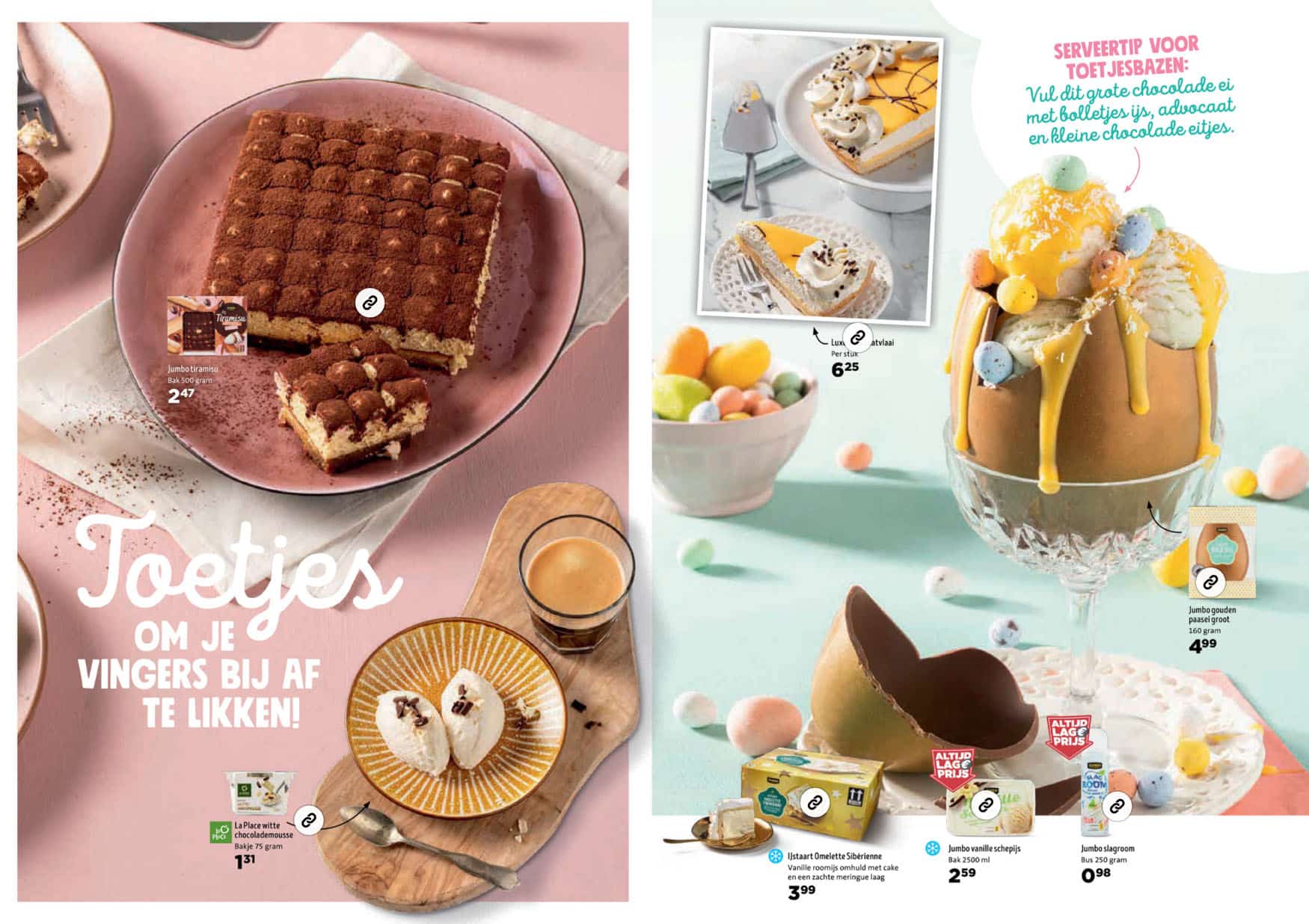 A spread from a flyer showing deserts such as Tiramisu selected for Easter.