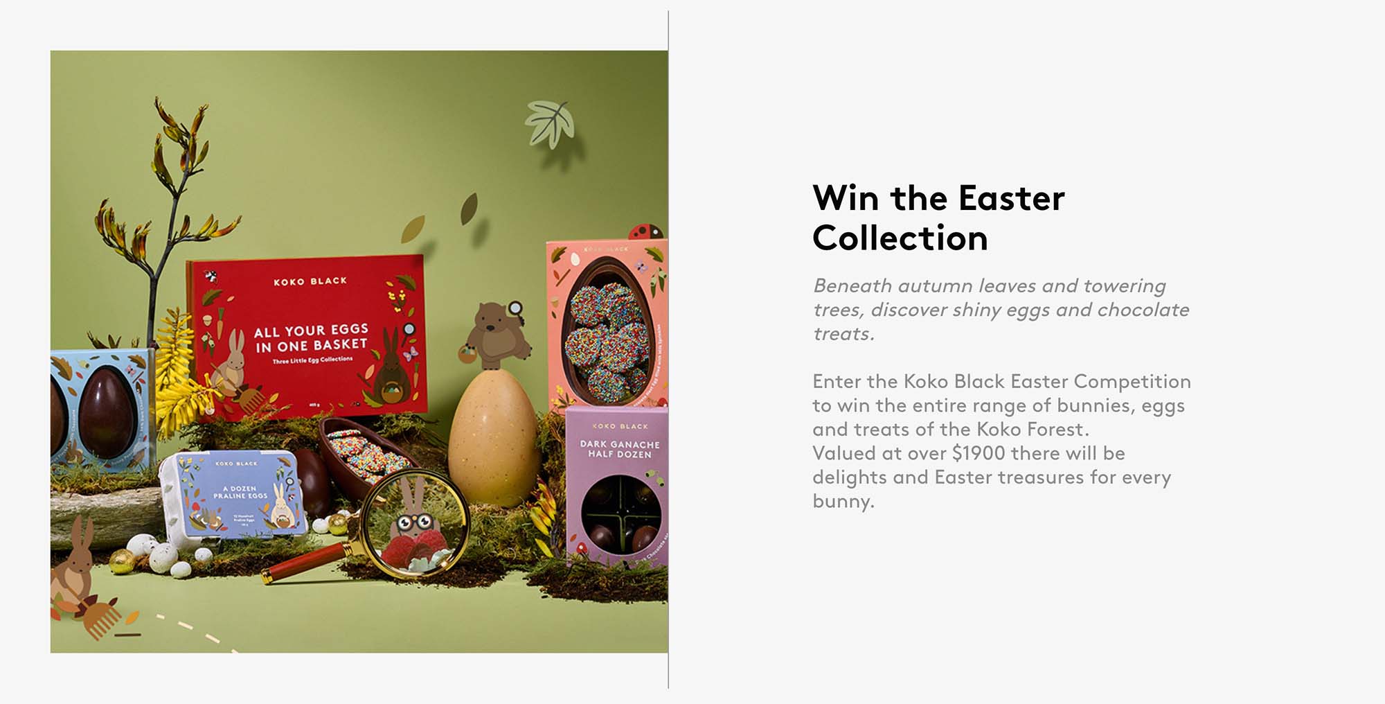 A collection of Easter and chocolate treats with copy saying: win the easter collection.