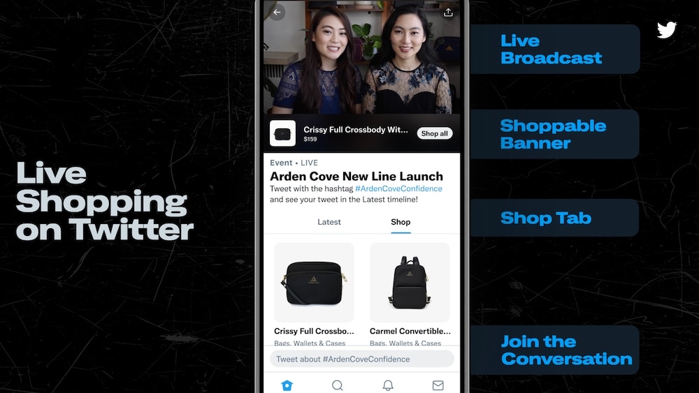 A photo of Twitter's live shopping feature. Top of screen is the live video. Bottom half of screen displaying the products relevant to the video.