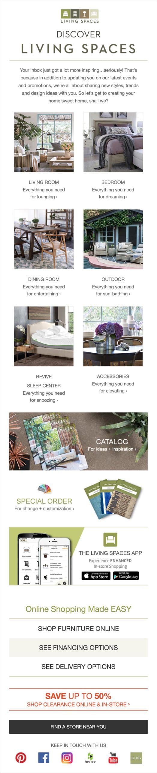 Generate more interest in your newsletter content with these 8 examples of how catalogs can provide value. Get the most out of catalogs with this easy guide! Living spaces highlighting their catalog in their welcome email for ideas and inspiration.