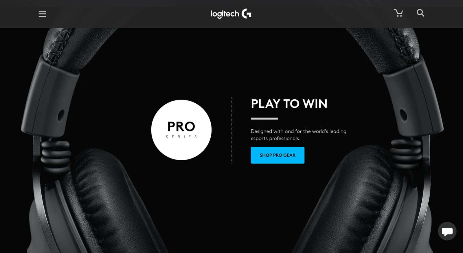 Screenshot of Logitech's site for pro gamers. Showing a Pro series headphone with copy Play to Win.