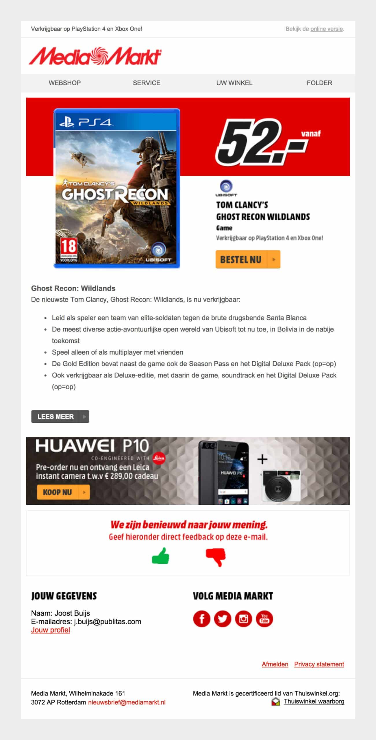 Another Dutch example. The word “folder” in the header of Media Markt’s newsletter leads directly to the latest weekly ad embedded in their website.