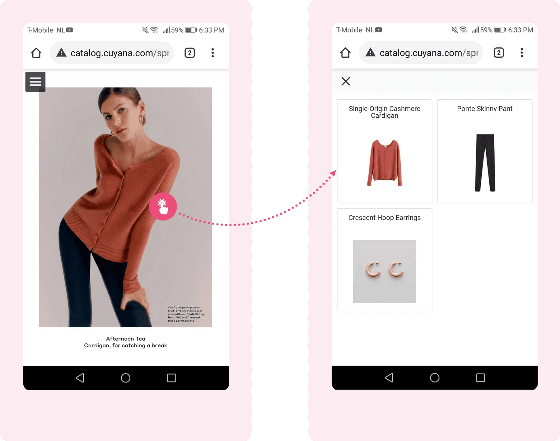 A mobile catalog experience with less content per page, making extra information accessible through clicking or swiping.