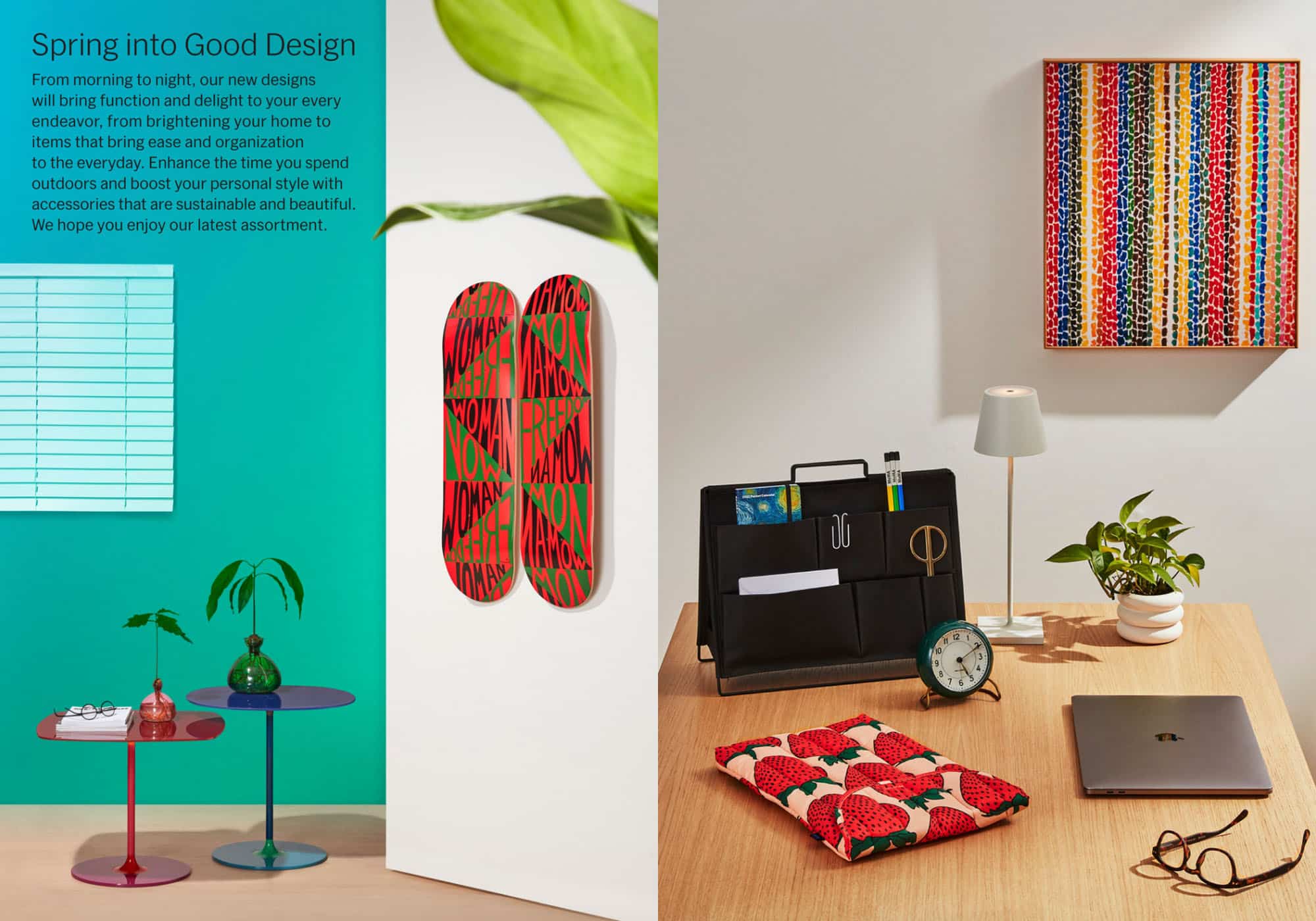 A spread of MoMA's catalog showing some wall art and gadgets like a laptop cover. Mostly reds and greens.