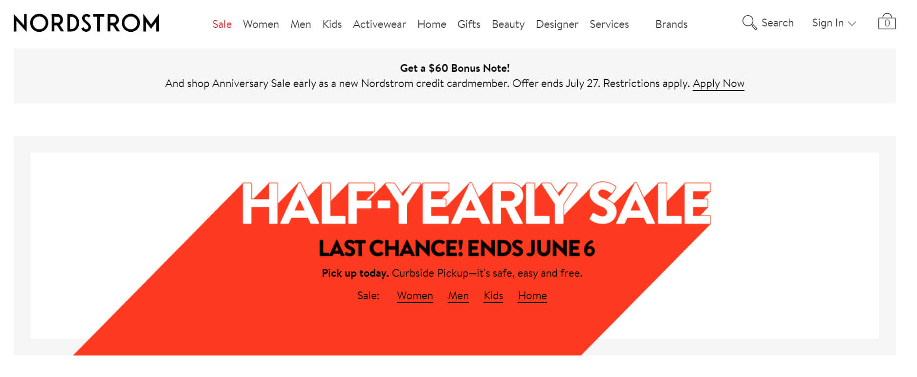 Nordstrom's online store with half-yearly sale announcement.