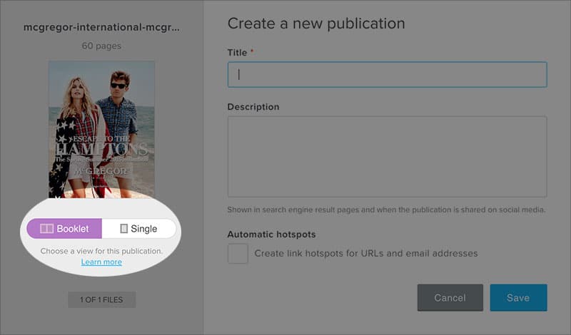 Create online publication dialog in Publitas web app. Now with Single option.