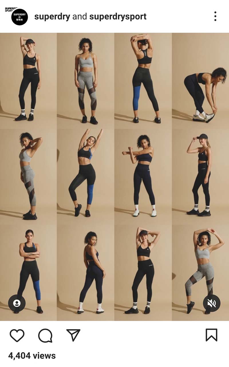 A screen capture from a reel on instagram showing mutliple of Superdry's gym outfits.