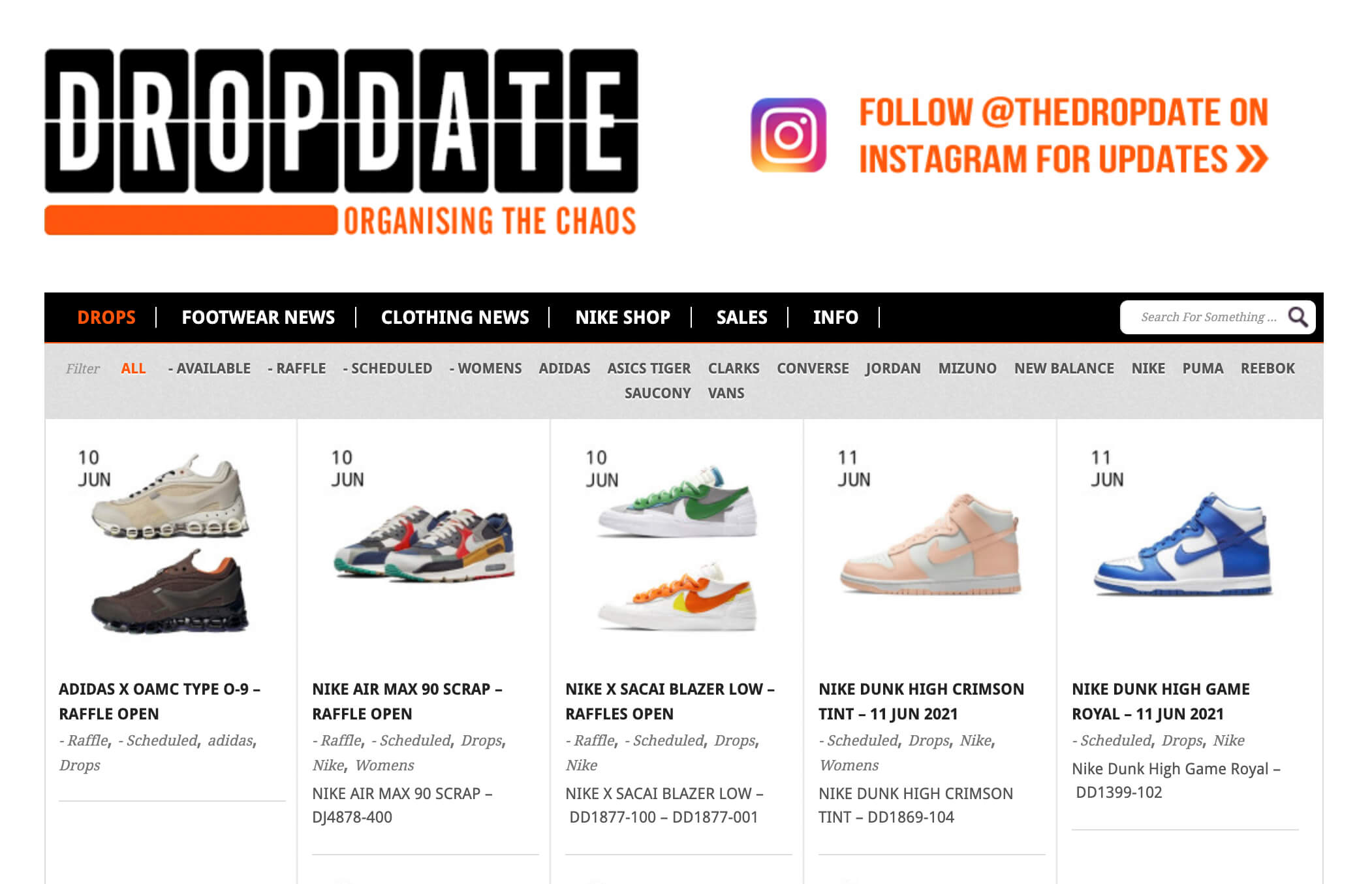 Website with an overview of upcoming sneaker and their release dates.