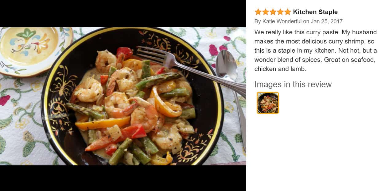 Image of a prepared dish with a user review next to it.