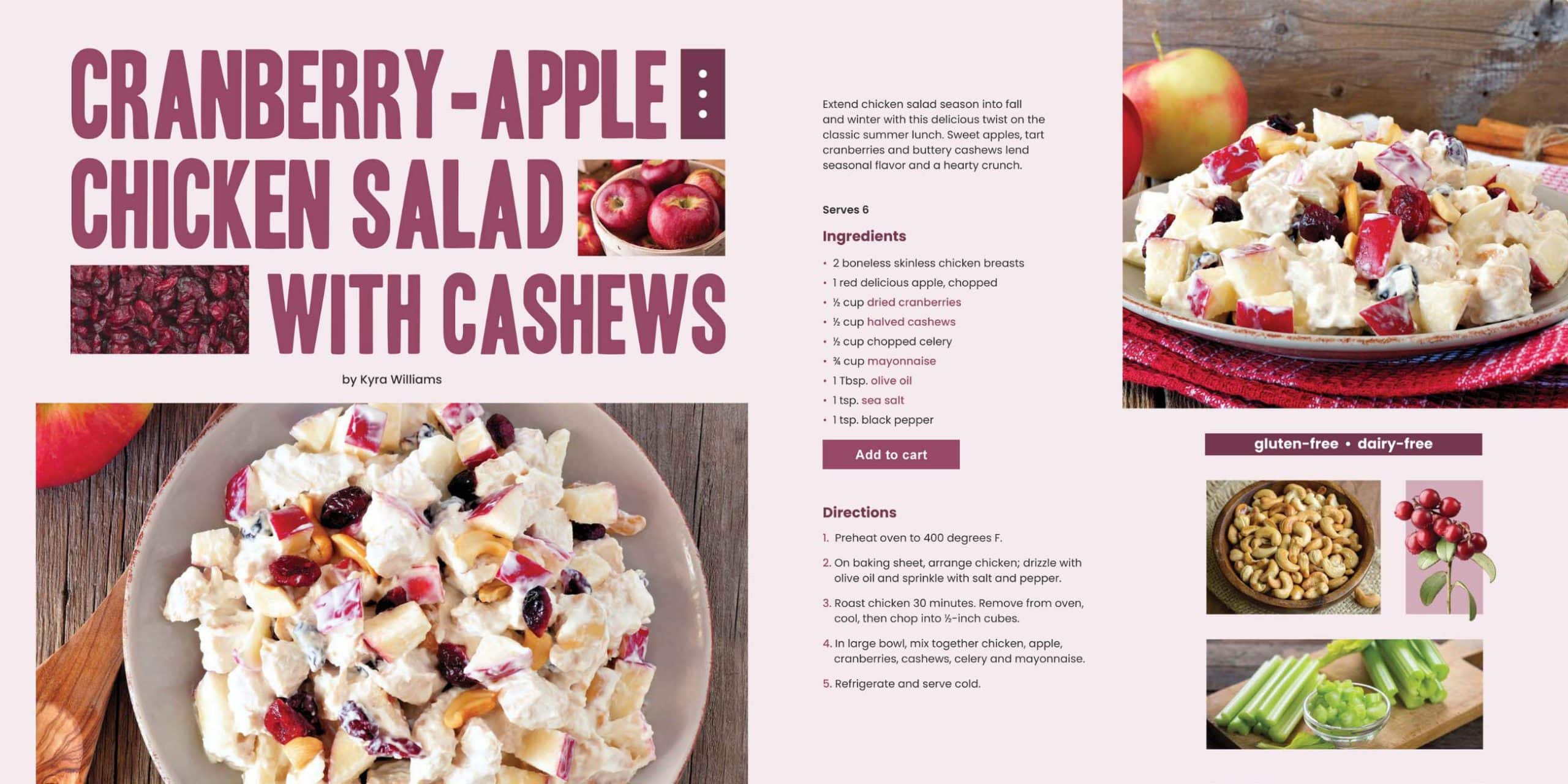 Pages from Vitacost's catalog, showing a recipe for cranberry apple chicken salad.