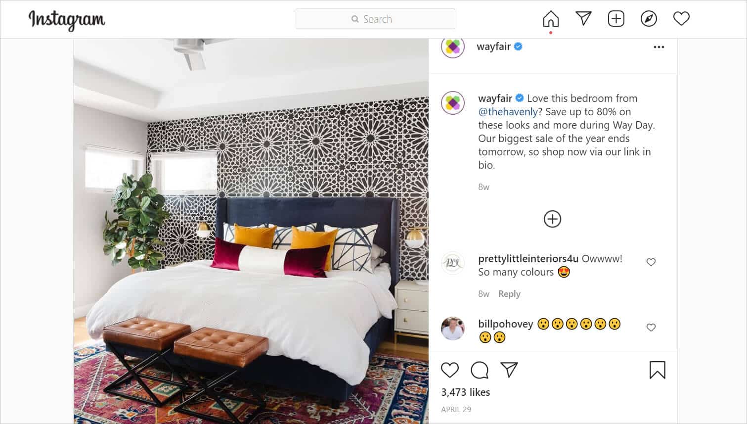 Wayfair mentioning thehavenly on their Instagram.