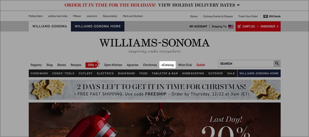 Williams-Sonoma with a link to their catalog in the header of their site