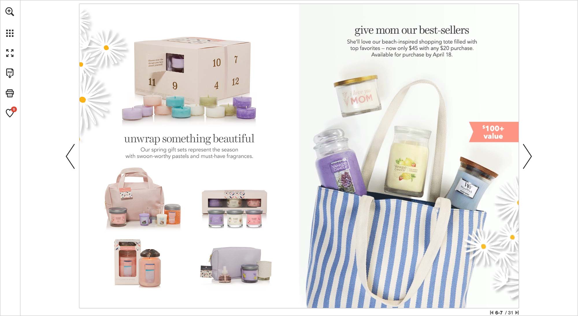 A spread from Yankee Candle's catalog showing Spring gift sets and a bag of best sellers for mother's day.